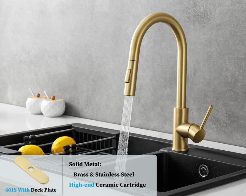 Havin Gold Kitchen Faucet with Pull Down Sprayer, High Arc Stainless Steel Material, with cUPC Ceramic Cartridge,with 10" Deck Plate,Fit for 1 or 3 Holes Kitchen Sink or Laundry Sink,Brushed Gold - Image 2
